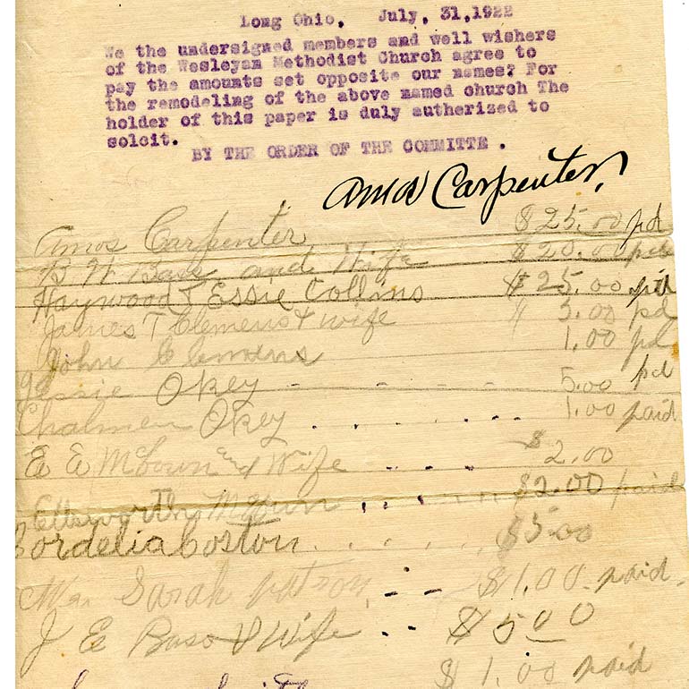 Pledges for the 1922 Wesleyan Church Remodel